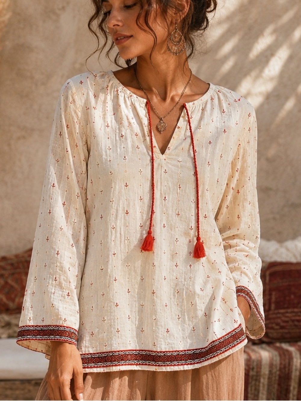 Hatley Organic Cotton Embroidered Tassel Peasant Tunic Blouse Women’s Medium